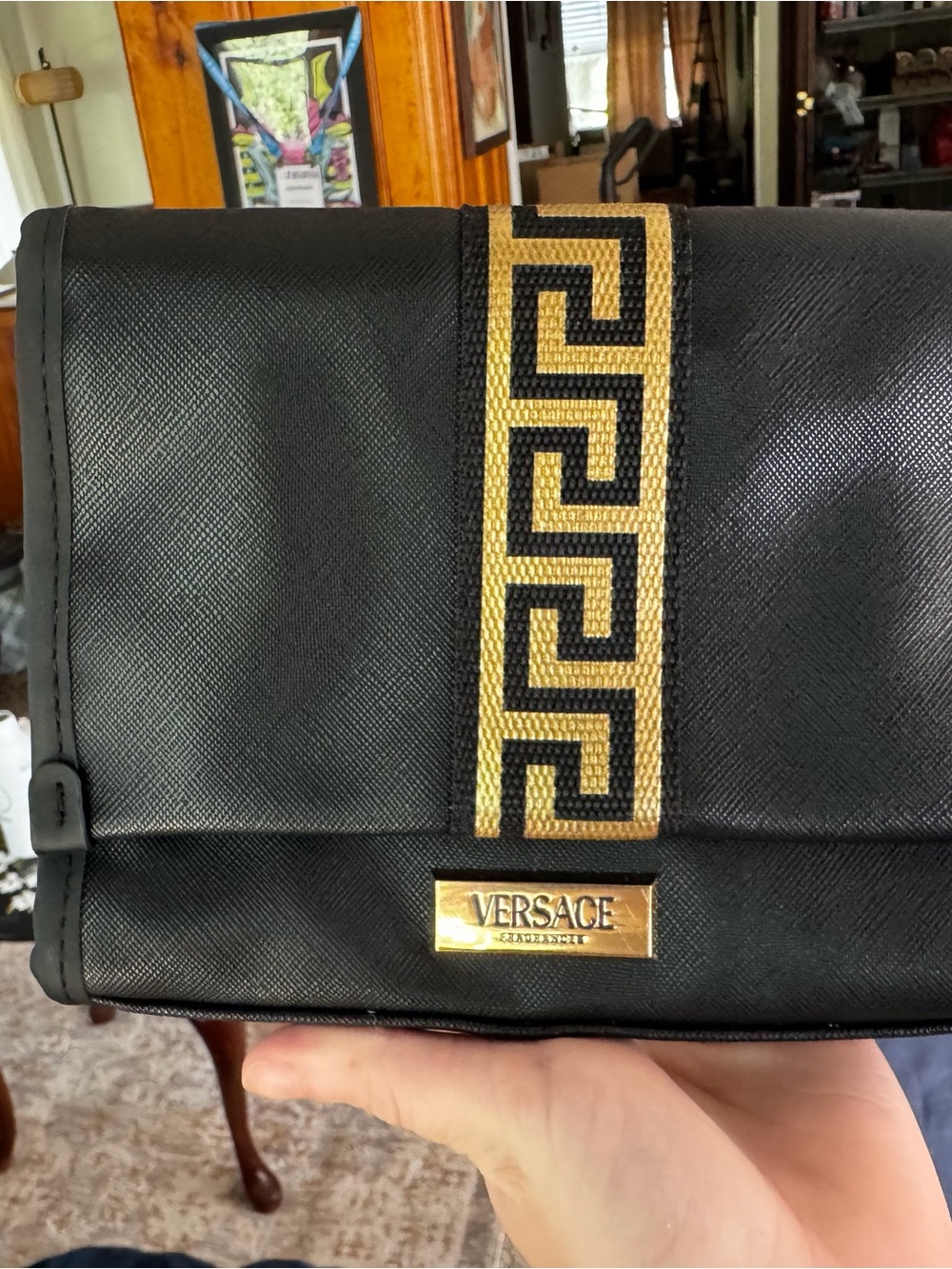 Versace Black & Gold Toiletry Bag with Greek Key Detail